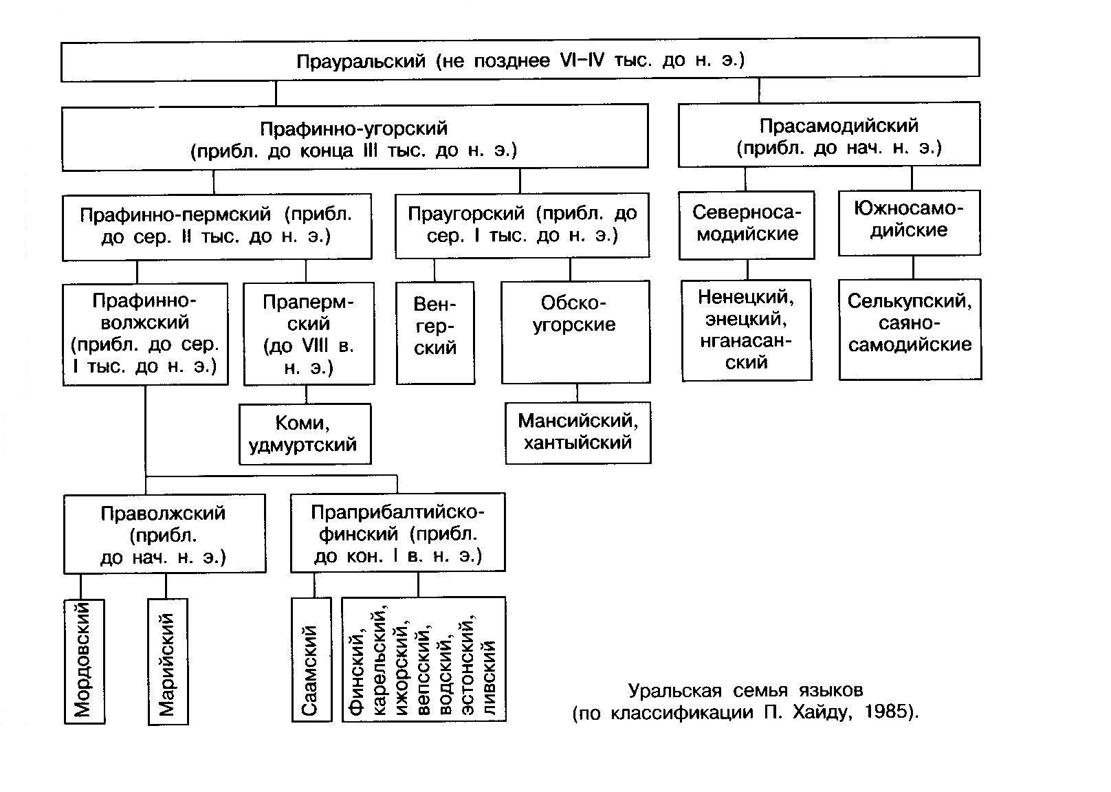 "Уральская семья языков (по классификации П. Хайду, 1985)."